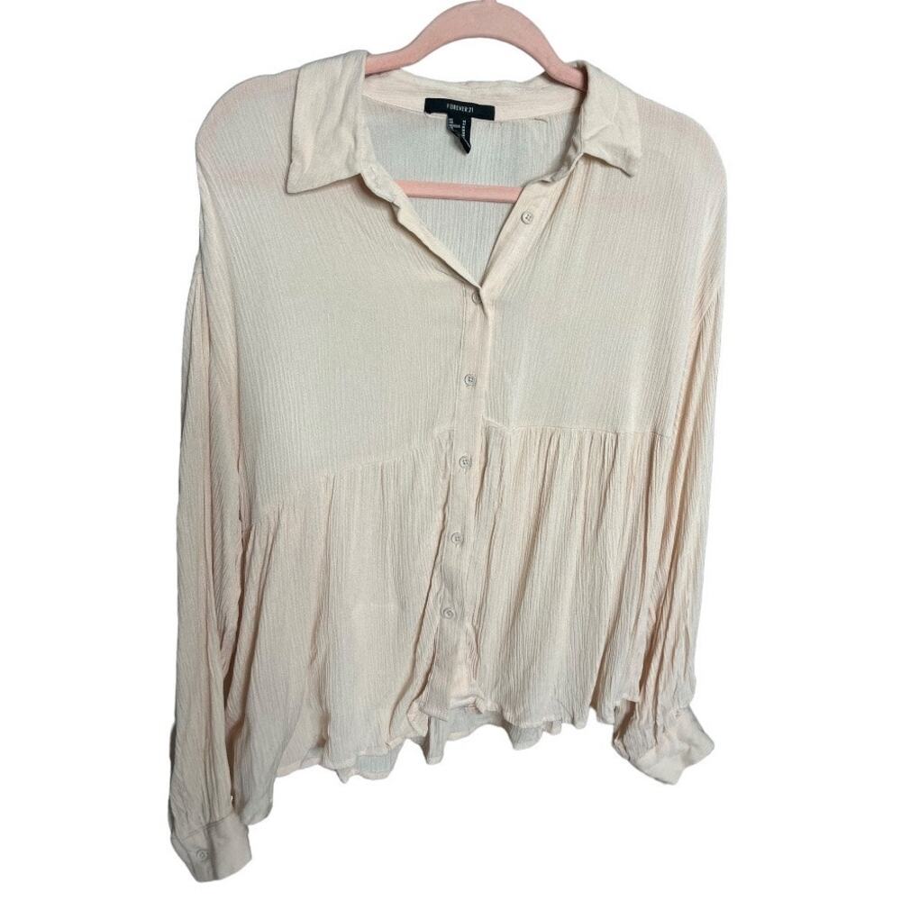 forever 21 peach pink gauze feel button down shirt long sleeve collared medium